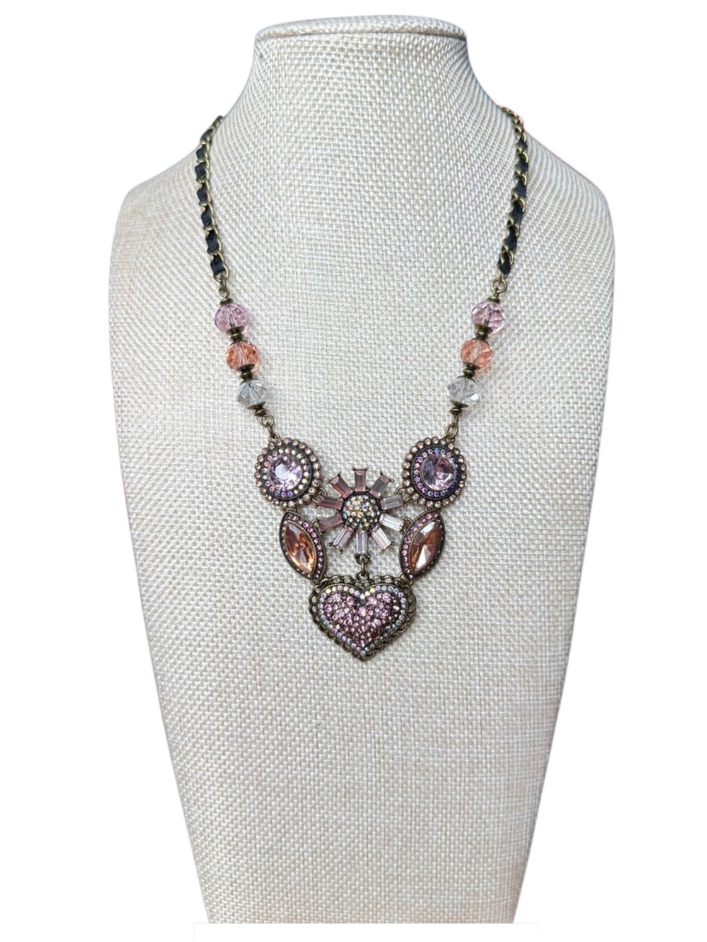 Betsey Johnson Pink and Peach Crystal Heart Necklace